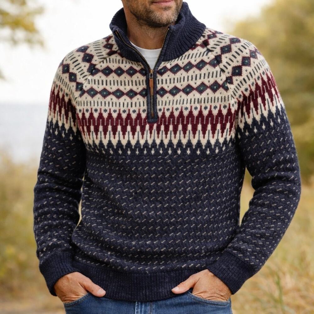 L.L. Bean Fair Isle Cotton Ragg Mockneck Pullover Sweater Size Small